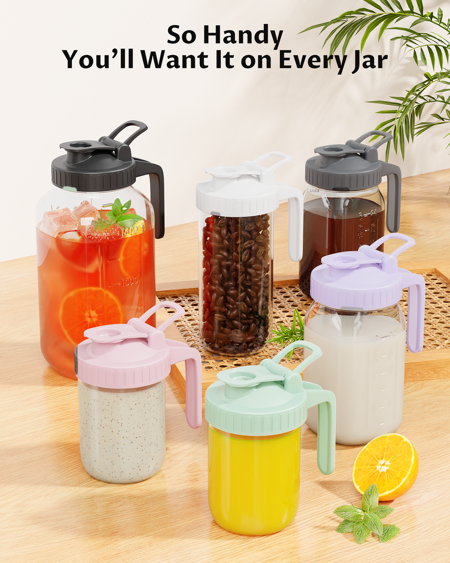 GOSCHE Mason Jar Pour Spout Lid Flip Cap Airtight Wide Mouth Mason Jar Lids with Handle for Drinking Leak Proof 2 Pack