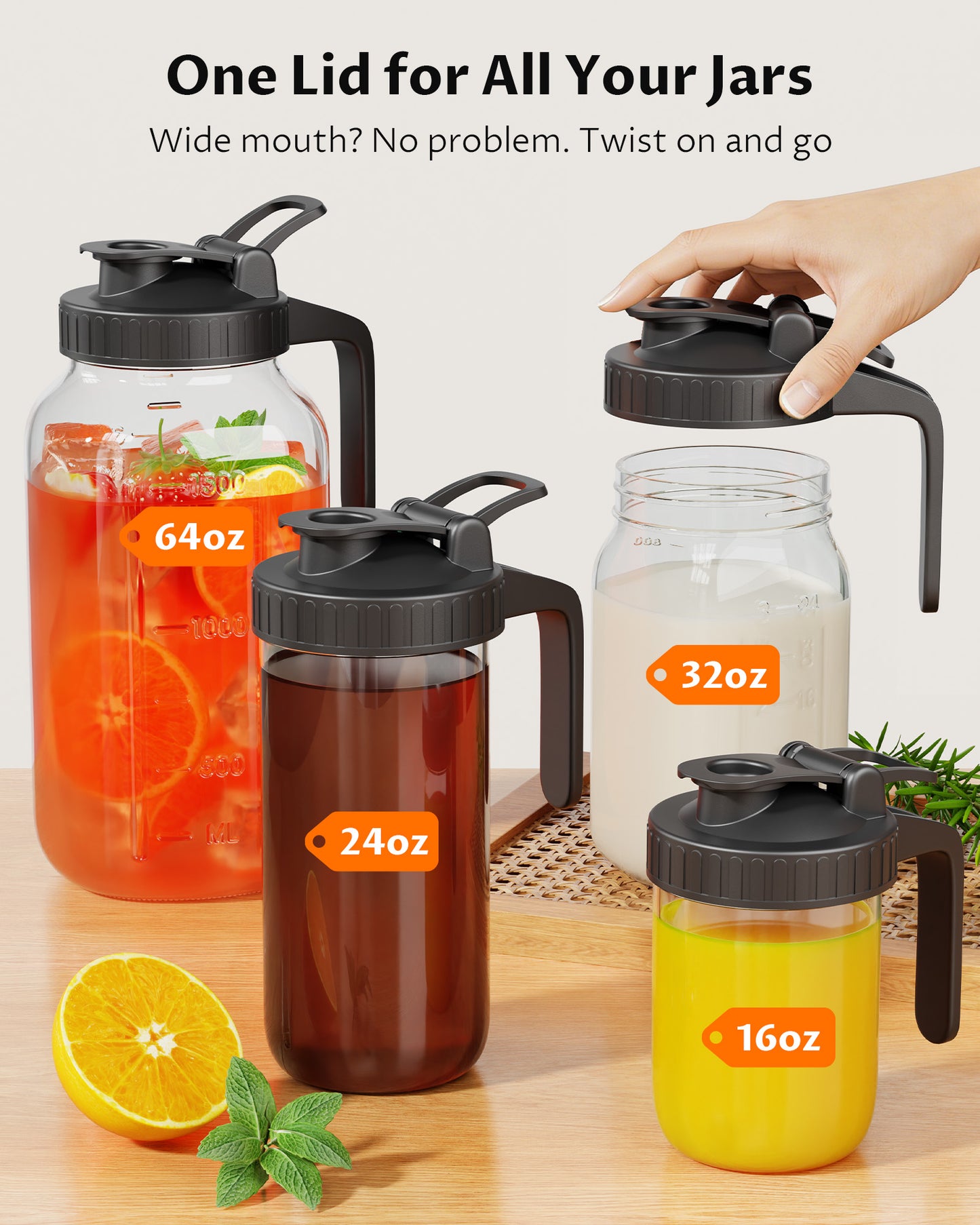 GOSCHE Mason Jar Pour Spout Lid Flip Cap Airtight Wide Mouth Mason Jar Lids with Handle for Drinking Leak Proof 2 Pack Black
