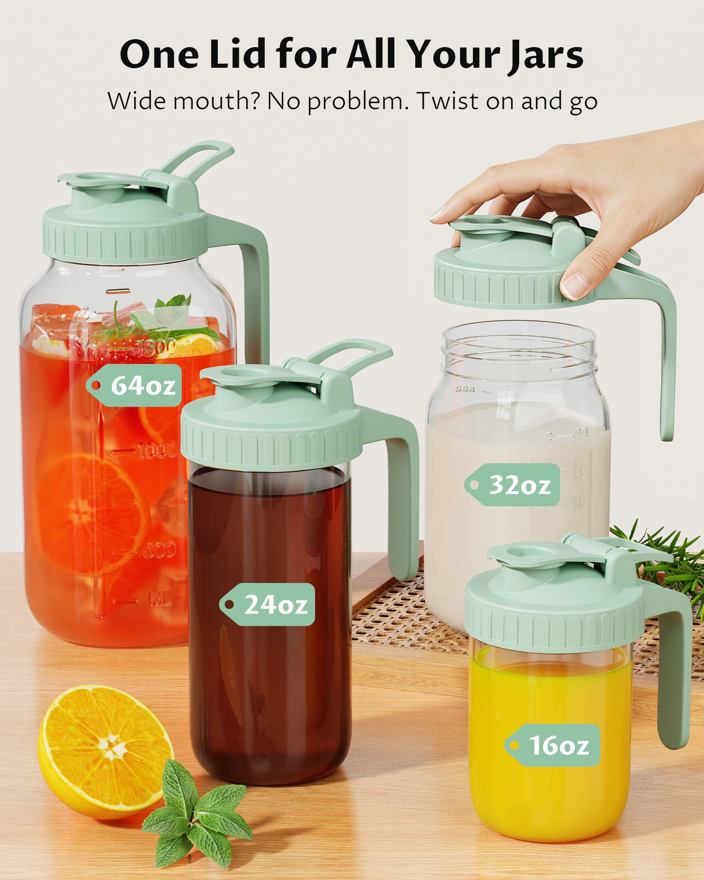 GOSCHE Mason Jar Pour Spout Lid Flip Cap Airtight Wide Mouth Mason Jar Lids with Handle for Drinking Leak Proof 2 Pack Green