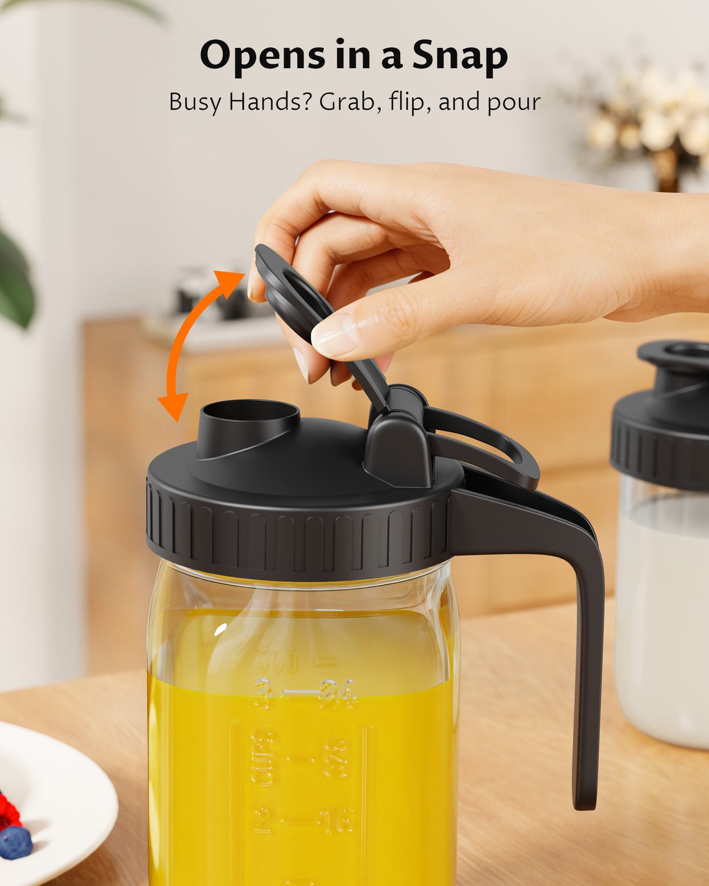 GOSCHE Mason Jar Pour Spout Lid Flip Cap Airtight Wide Mouth Mason Jar Lids with Handle for Drinking Leak Proof 2 Pack Black