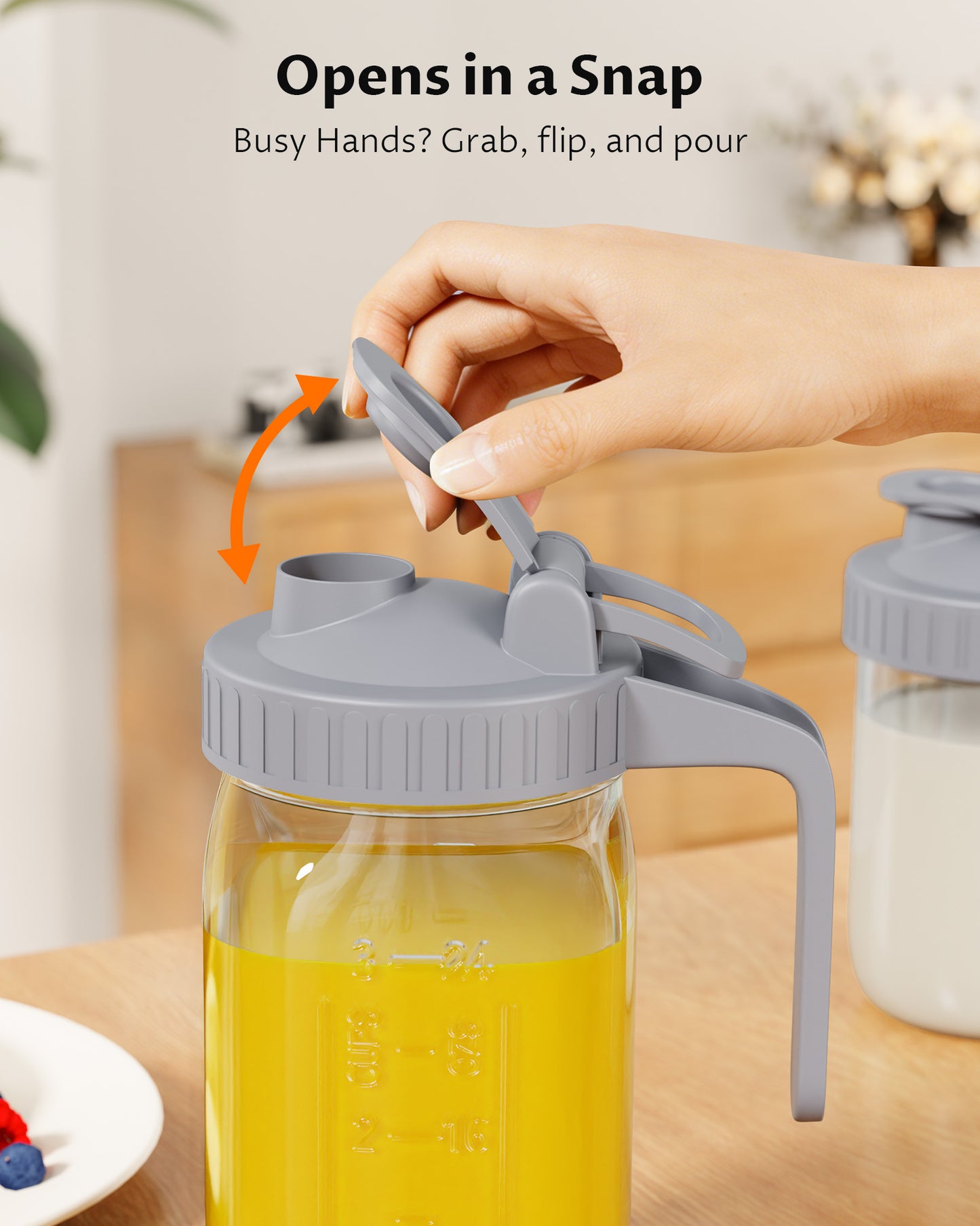 GOSCHE Mason Jar Pour Spout Lid Flip Cap Airtight Wide Mouth Mason Jar Lids with Handle for Drinking Leak Proof 2 Pack Gray