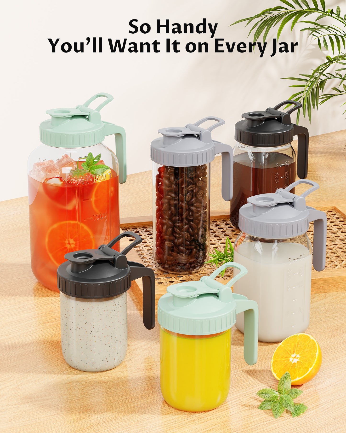 GOSCHE Mason Jar Pour Spout Lid Flip Cap Airtight Wide Mouth Mason Jar Lids with Handle for Drinking Leak Proof 2 Pack Black