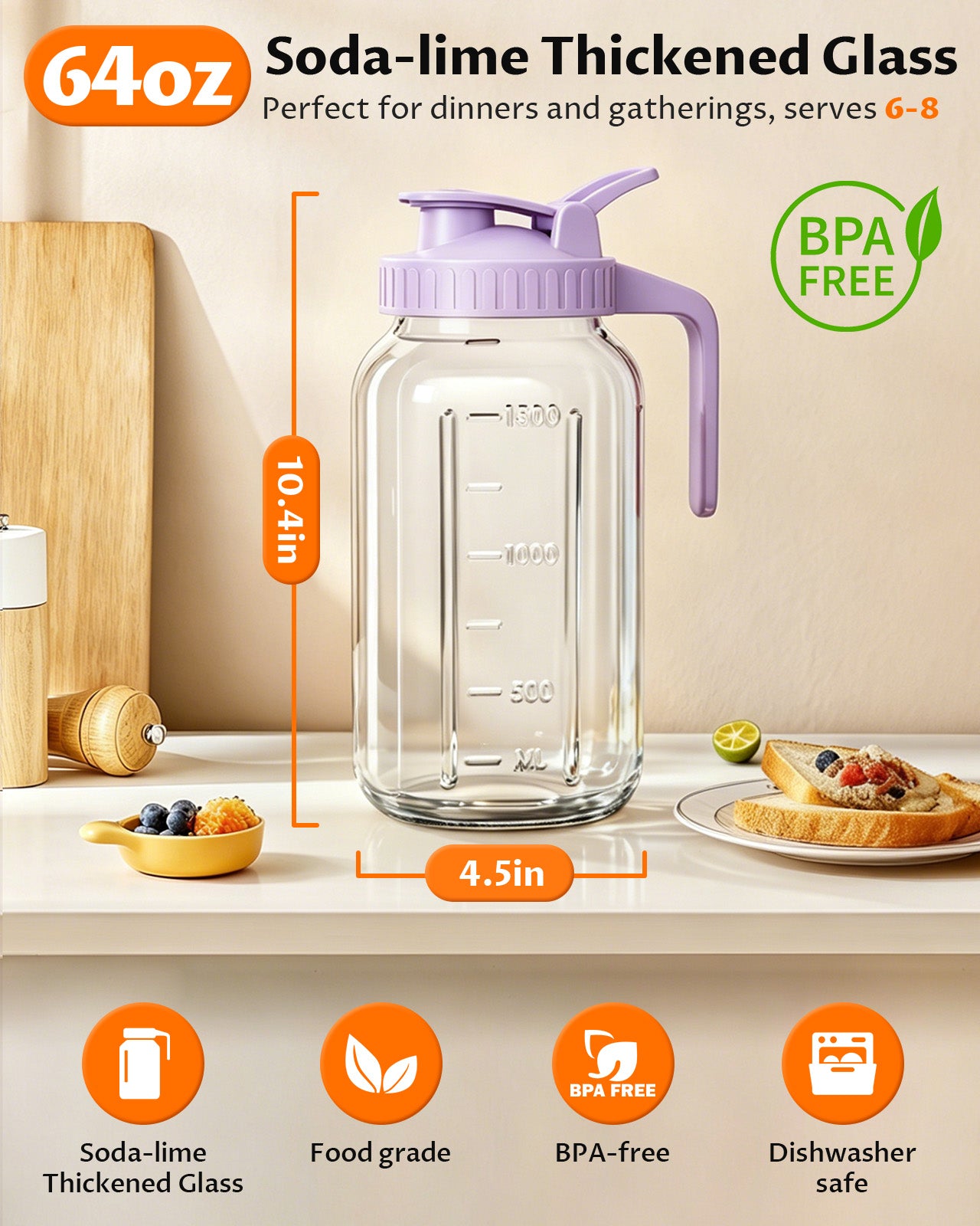 GOSCHE 2 Pack 64oz Glass Pitcher with Lid and Spout Leak Proof Mason Jar Pitcher with Handle for Fridge Juice Beverage Iced Tea Coffee Purple Orange