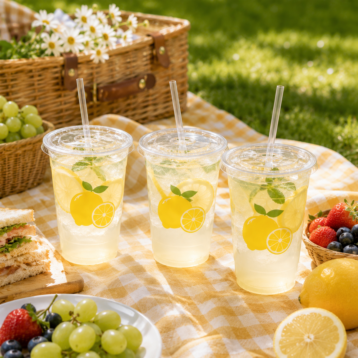 16oz Lemon Print Plastic Cups with Lids and Straws, 100 Pack | GOSCHE