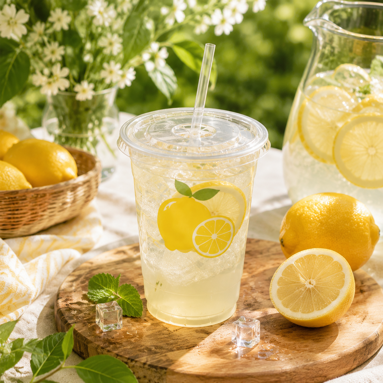 16oz Lemon Print Plastic Cups with Lids and Straws, 100 Pack | GOSCHE