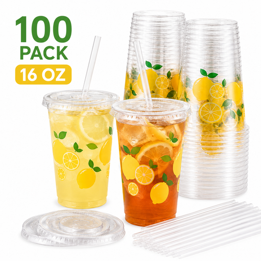 16oz Lemon Print Plastic Cups with Lids and Straws, 100 Pack | GOSCHE