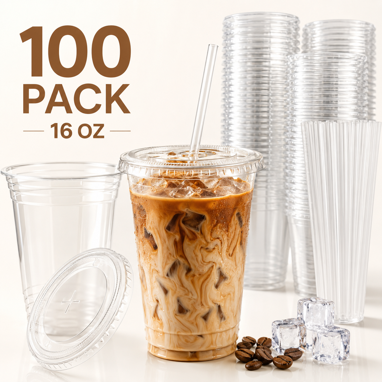 16oz Clear Plastic Cups with Lids and Straws, 100 Pack | GOSCHE